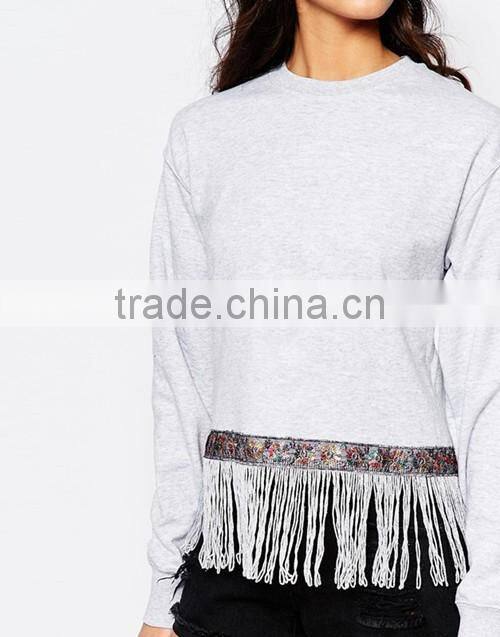 New design ladies vintage fringing crewneck cropped sweatshirt