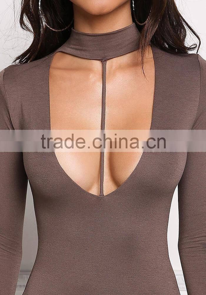 MGOO Fashion Manufacturer Custom Chocker Bodysuits For Women Front T-Strap Long Sleeves Women Tunic