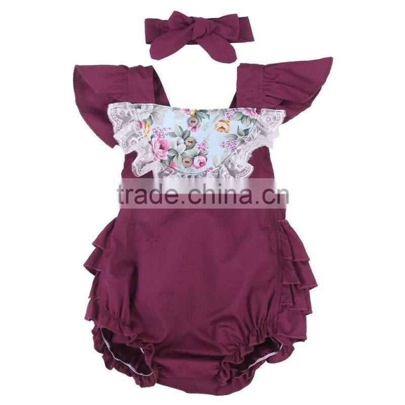 Vintage style baby girls romper 100% Cotton Satin Floral Printing Baby Romper With Lace Insert