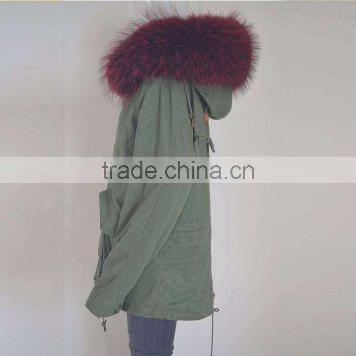 Myfur Latest Purplish Red Real Raccoon Fur Hood Faux Fur Lining Parka Wholesale