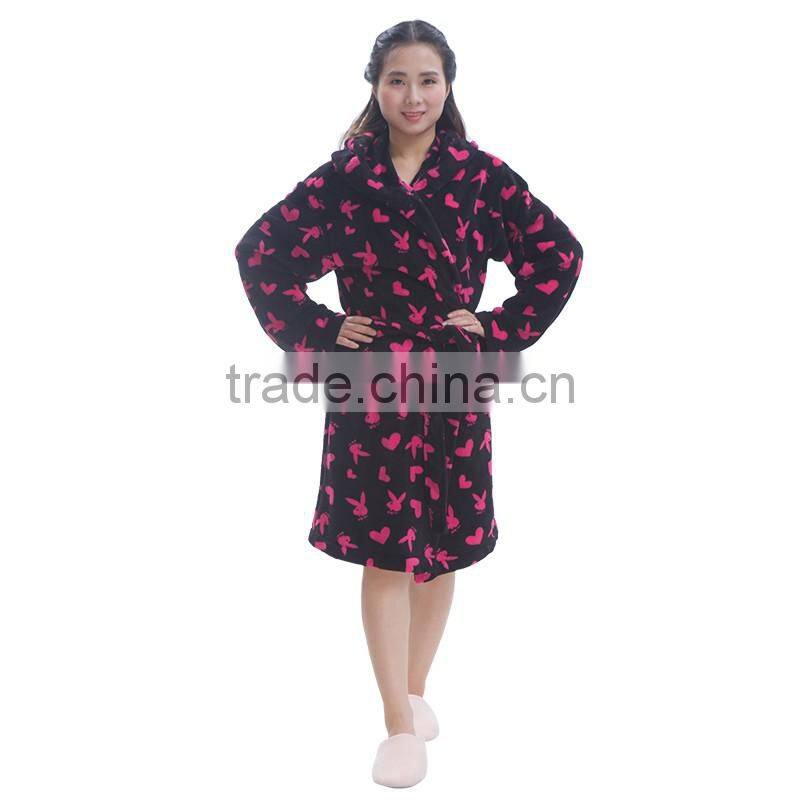 Women 100 polyester printed hooded adult bathrobe