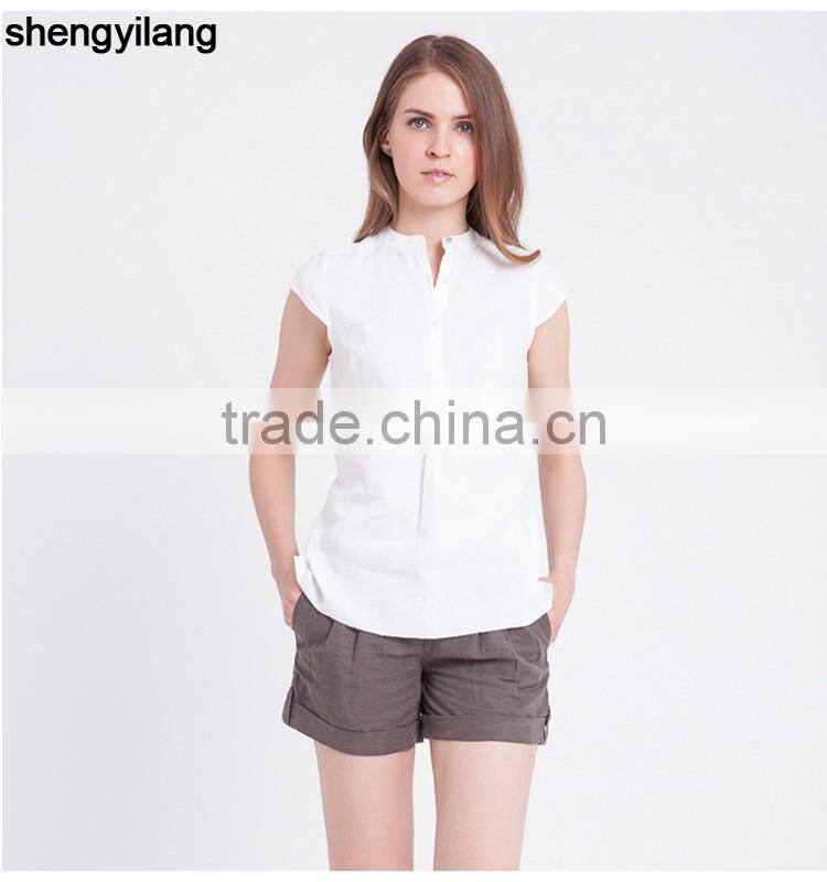 High quality blouse 100% linen shirts for women wholesale short-sleeved linen shirt in guangzhou