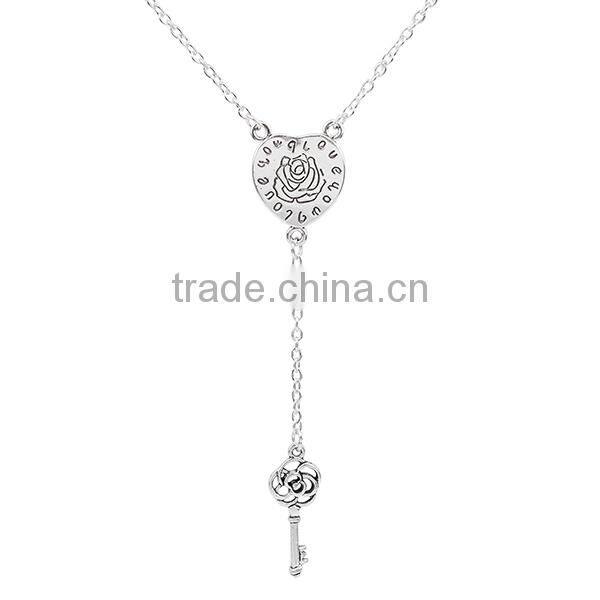 New Fashion Y Shaped Lariat Necklace Silver Plated Heart Message " Love You " Carved Connector Flower Key Pendant 46.0cm long
