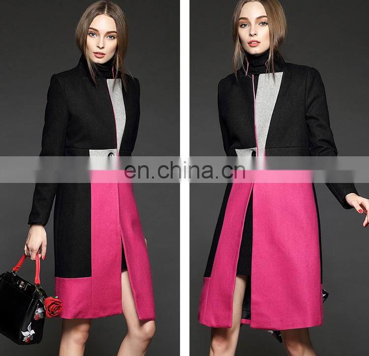 2015 Fashion long pink wool coats ladies single breasted winter coat