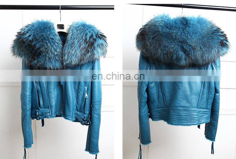 Winter Warm Fashion Real Large Raccoon Fur Collar Sheep Fur Coat / Genuine Merino Sheepskin Women's Leather Coat