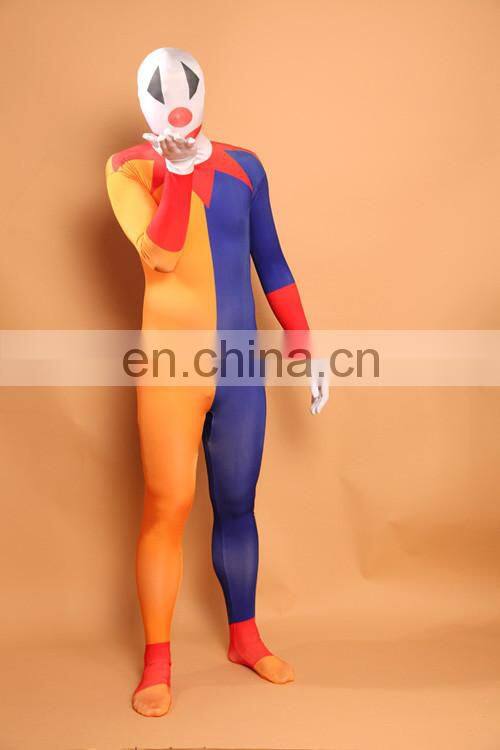 Mens Blue & Yellow Split Second Skin Suit Zentai Clown Fancy Dress Lycra Bodysuit
