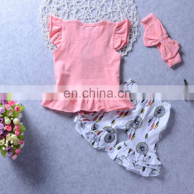 New Fashion Baby Girl Clothing Sets 100% Cotton Ruffle Aeolian Bells Printed Pink Kids Girl Boutique Outfits