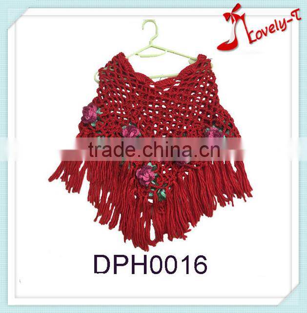 2015 Hand knitting china red little girl's pullover poncho sweater patterns crochet poncho with tassels