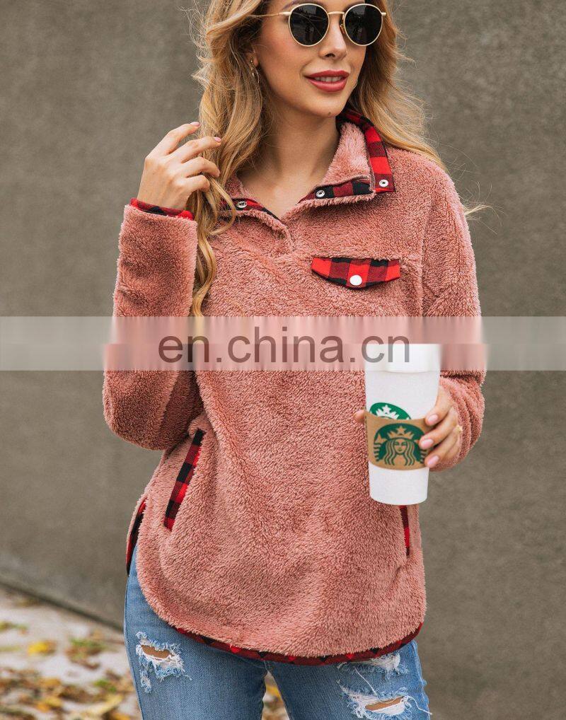 Factory Wholesale Hot sale 2020 Autumn and winter fashion lattice splice pocket button blouse home sweater home comfortable out