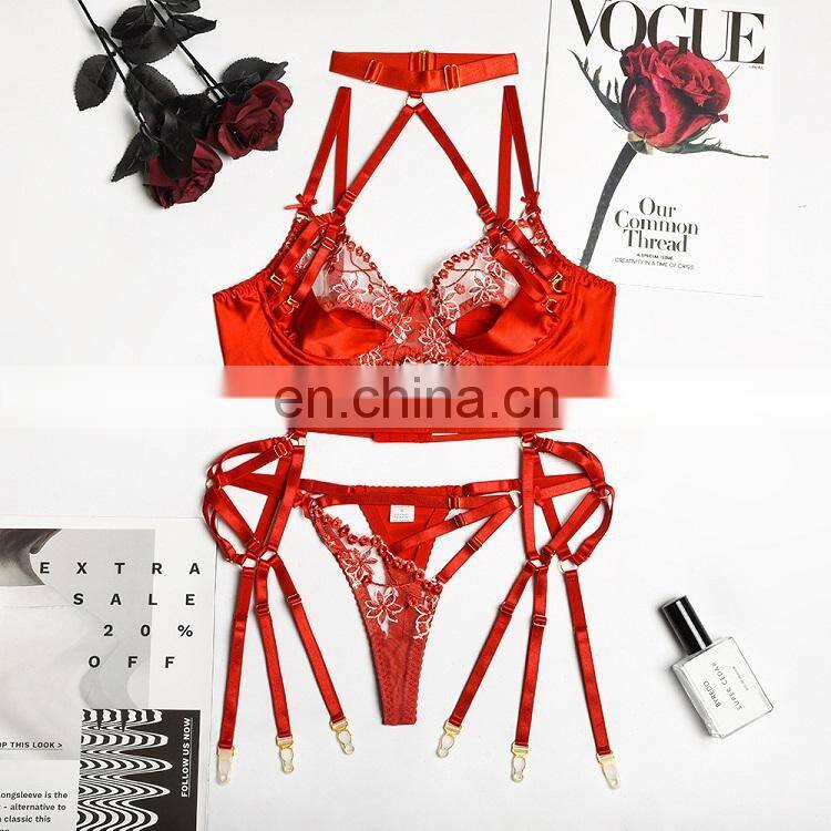 3pcs Hollow Out Pink Bandage Erotic Bra Panties Set Pink Color with Neck Ring 2022 Lingerie