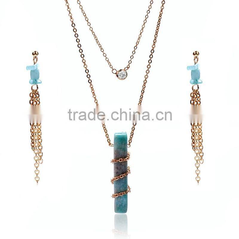 Fashion Turkish Gold Jewelry Set Cuboid Natural Stone Pendant Necklace