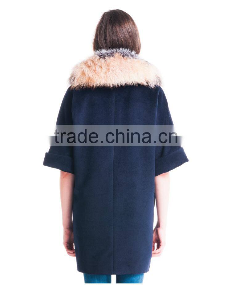 Autumn and winter length seven points women coat with silver fox Fur collar cashmere overcoat