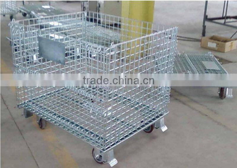 Folding industrial galvanized folding mesh box wire storage cage with wheels