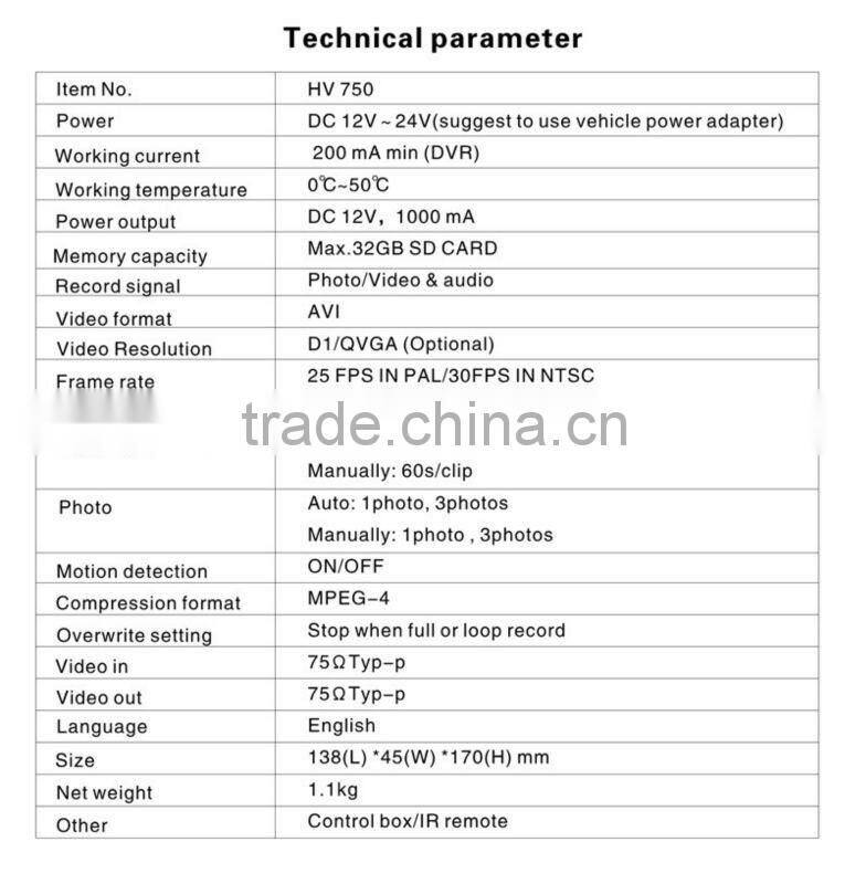 Promotion 1CH 2.5 TFT sd card mobile DVR for bus with usb , HV750