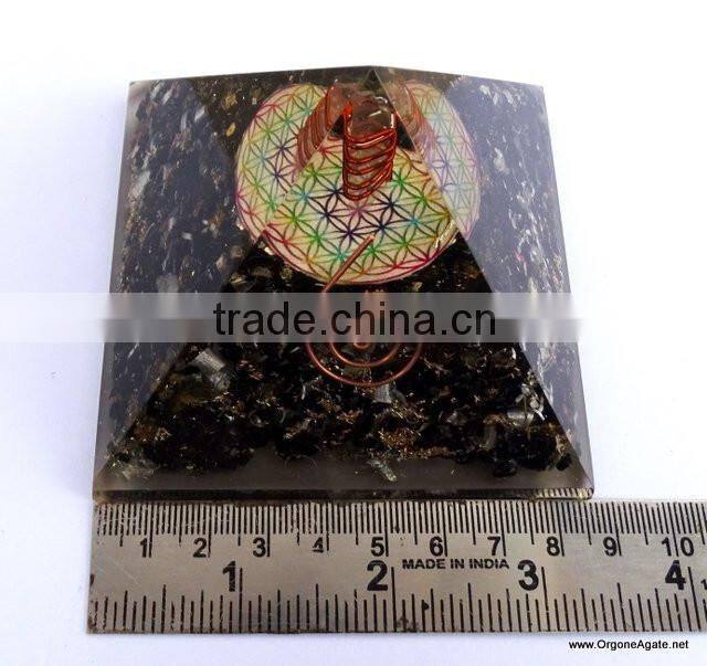 Quality Big Orgonite Black Tourmaline Pyramid With Flower Of Life Symbol With Crystal Point | Healing Pyramid