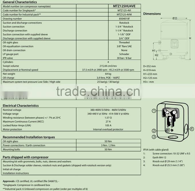 Maneurop receprocating compressor MTZ125 for refrigerator