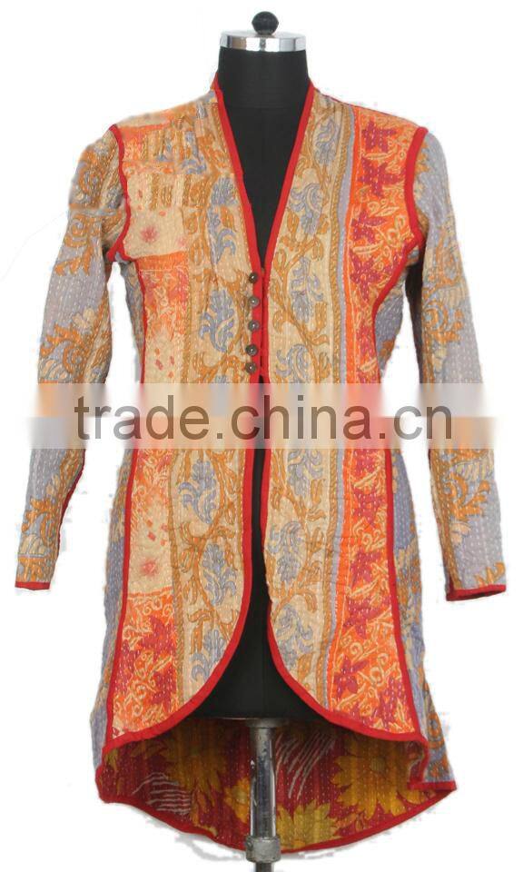 RTHCJ-22 Green Vibrant Color reversible cotton kantha Winter Jackets For Girls Abstract Designer Print Full sleeve size Jaipur