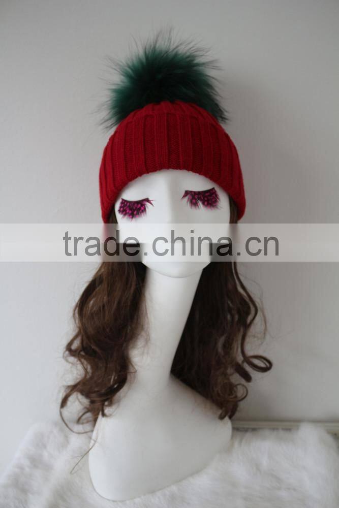 Top Grass Green Raccoon Fur Pompom Beanie Knit Rib Red Hat Huge Fur Ball Knitted Wool Acrylic Cap