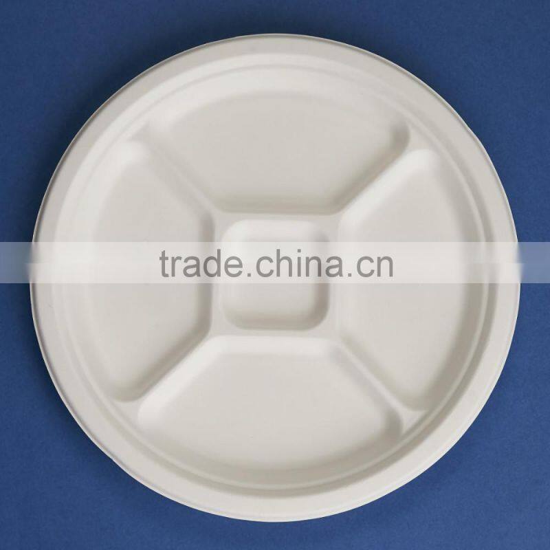 PL-12-5 Bagasse 5 parts round white dinner plates