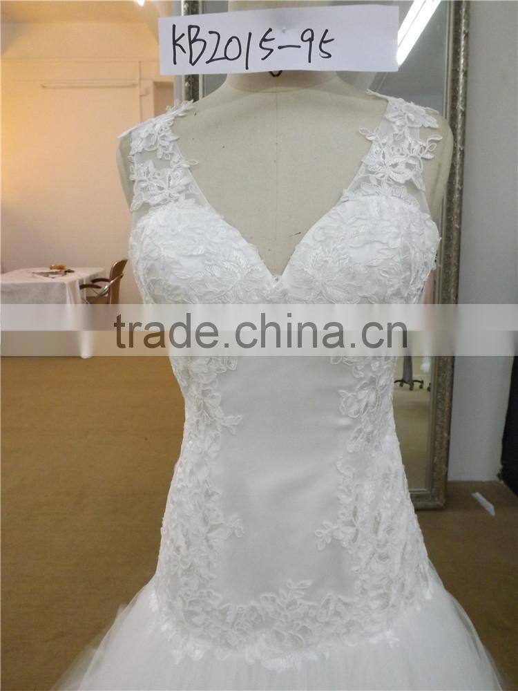 ilusion back V neckline Appliqued lace unique lace applique wedding dress 2016 spring