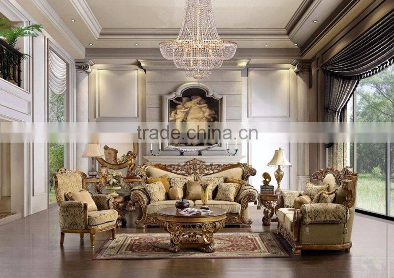 2017 Fancy Top Grain Genuine Leather Living Room Furniture Sofa Set/Spanish Style Hand Carved Living Room Sofa (MOQ=1 Set)