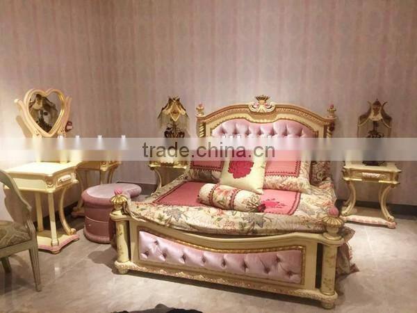 Victoria Style Carved Wooden Children Bed,Elegant Pink & White Painted Girl's Bed,Noble Bedroom Furniture Kid's Bed Set
