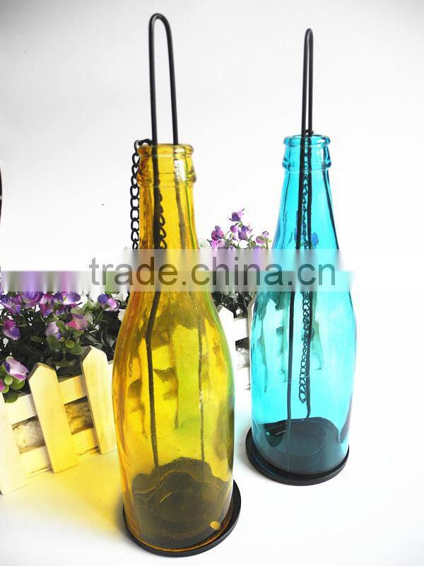 colorful glass candle bottle with hinge handle and buttom tray