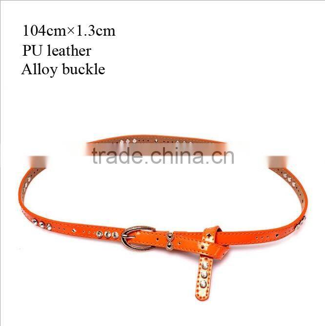 Fashion rhinestone decorated pin buckle sex girl thin orange PU waist belt