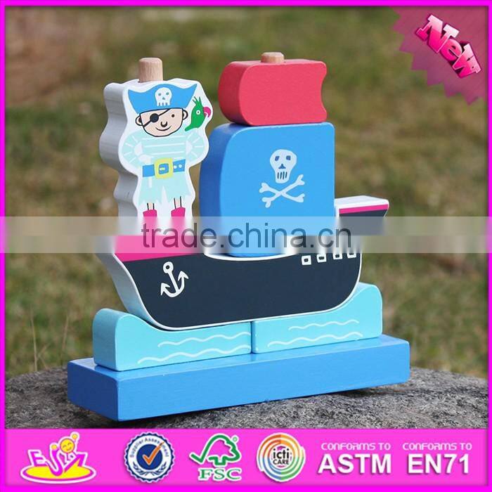2017 new design pirate boat shape wooden stacking toys for 1 year old W13D134