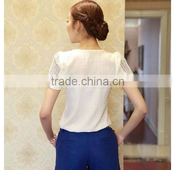 2015 Lady Women Clothing Short Sleeve Shirt O Neck Doll Chiffon Lace Blouse Tops Plus Size XXL