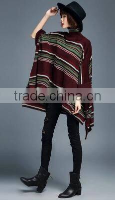 2016 New Fashion Korean Style Mid Long High Collar Women Stripe batwing-sleeved Pullover Sweater