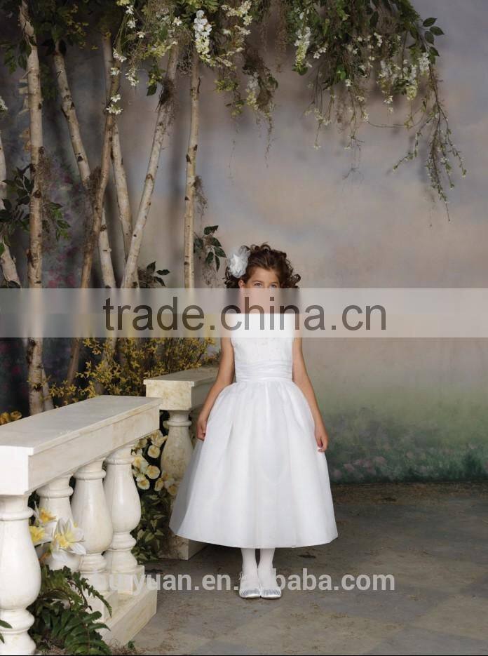 white satin off shoulder high neck beaded flower girl dress