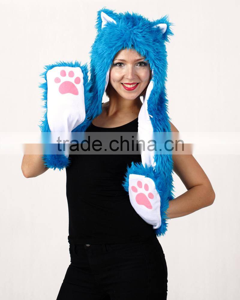 Wholesale Custom Long Scarf Mittens Faux Fur Wolf Head Animal Ears Hat