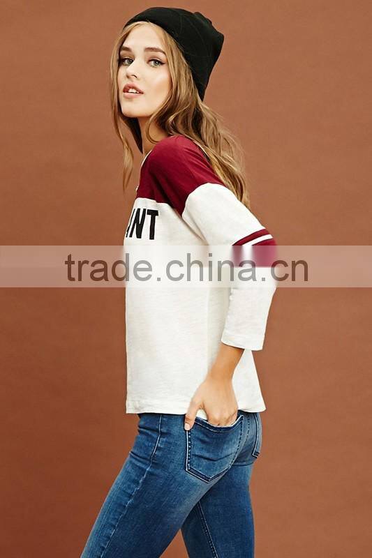 Custom print two clolors stitching 3/4 sleeve baseball t shirt