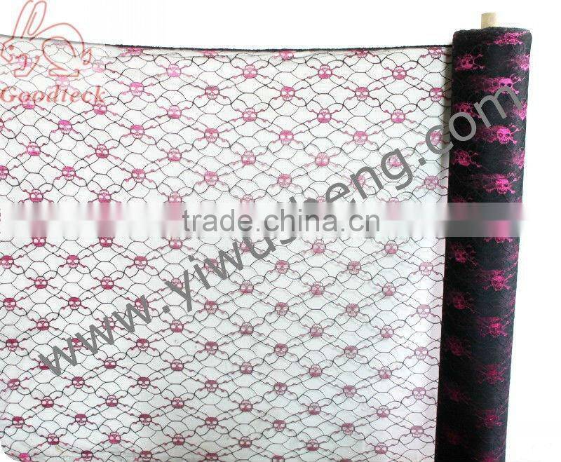 Glitter skull Halloween polyester tutu tulle fabric roll, 6"x100yd (60"x100YD) Halloween Tutu skirt material,