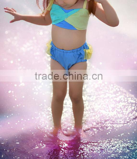 Baby swimwear blue yellow and aqua stitching 2 piece suit girl swimsuit