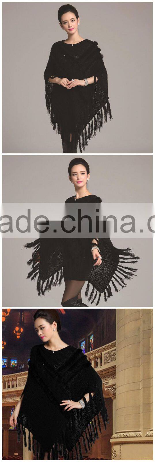 New 2015 Women Genuine Rabbit Fur Shawl Black Good Quality real Fur Poncho Female Fashion Fur Shawl with tassel