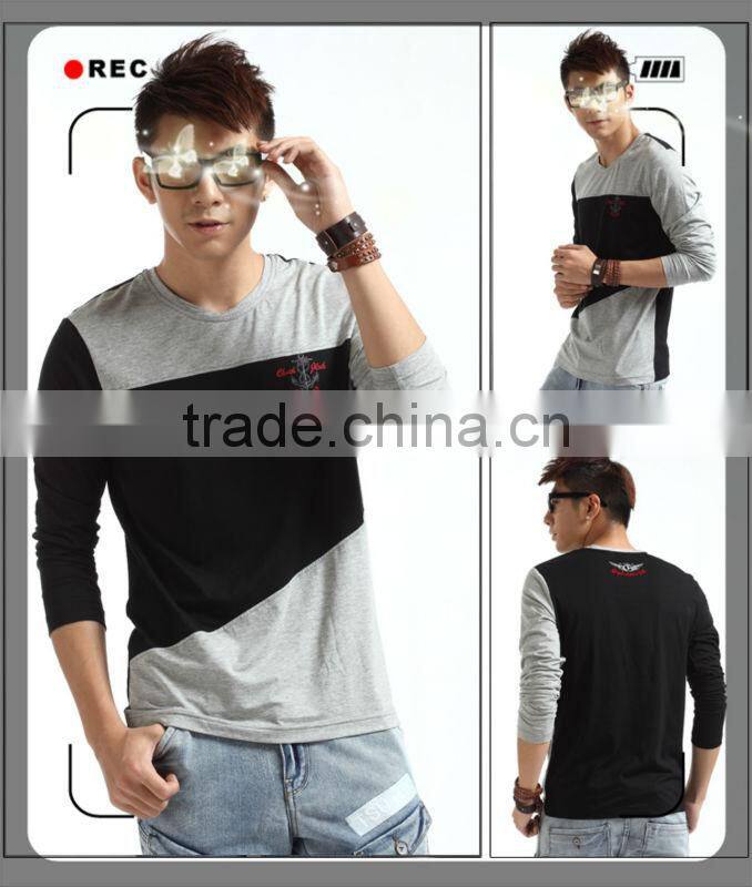 Mens cotton long sleeve patchwork and emboridery Tshirts 201305