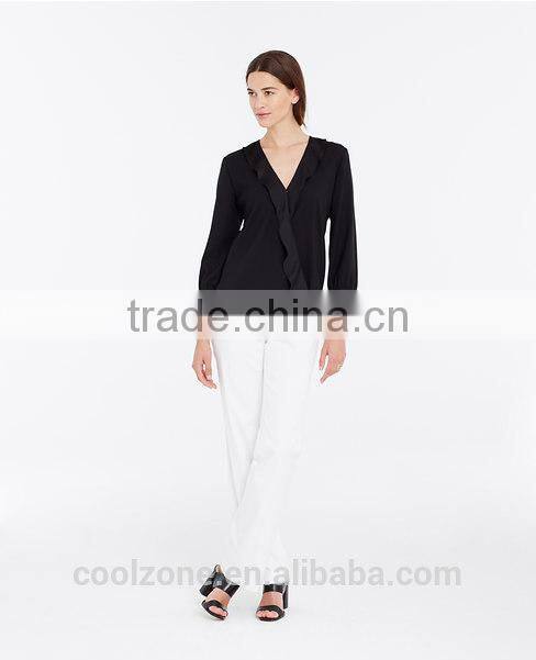 2015 new collection blouse 100% polyester dissymmetry front lady blouse
