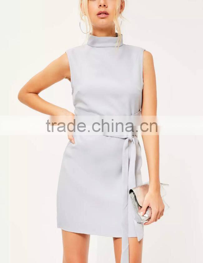 New Design Summer Ladies Lovely High Neck Tie Waist Mini Shift Casual Dress