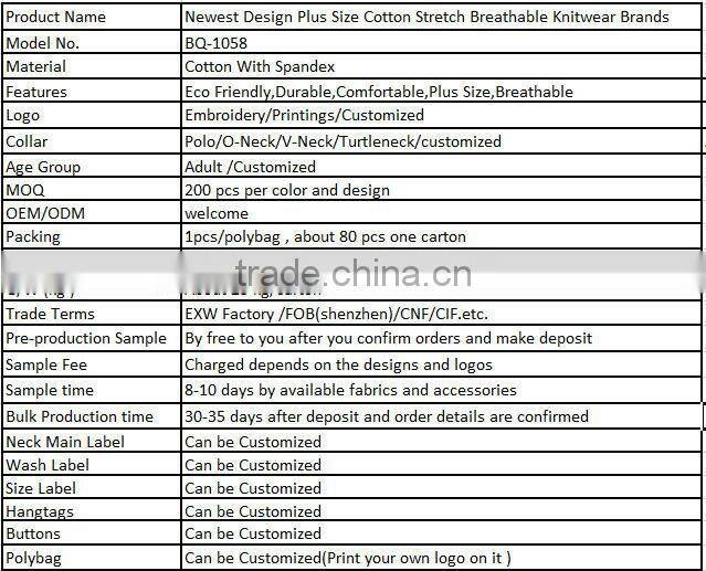 Newest Design Plus Size Cotton Stretch Breathable Knitwear Brands