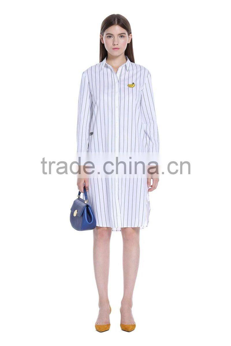 Women's 100% cotton blue and white stripe button-up long blouse/shirt dress in guangzhou