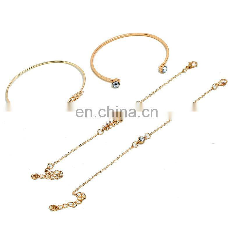 4Pcs/set Women Vintage Crystal Leaves Geometric Chain Gold Bracelet Set Bohemian Bracelets Jewelry