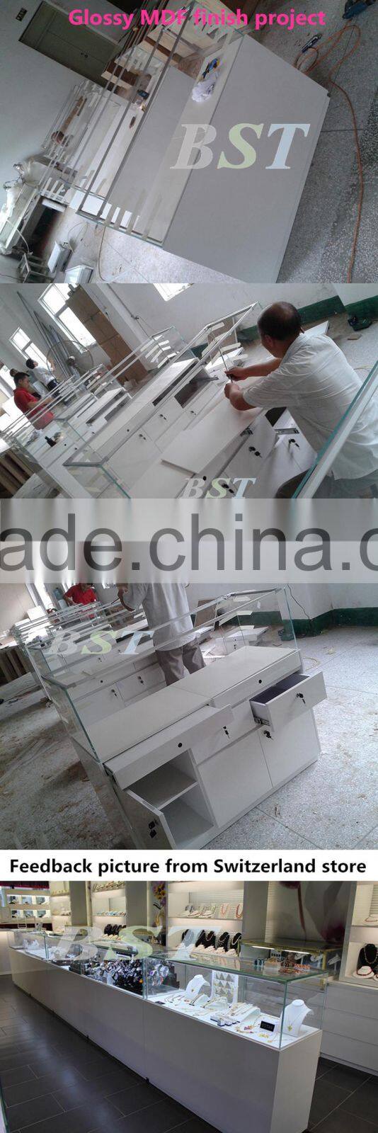 Pure white MDF display table and wall cabinet shoe shop furniture,shoe store design