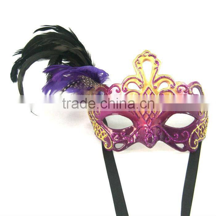 Plastic Pink Mask For Christmas With Black Feather