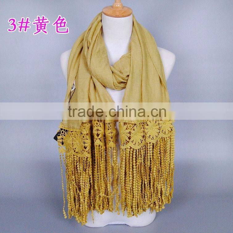 New Design Korea Women Fashion Cotton Plain Lace Scarf