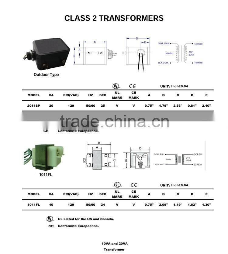 Class 2 UL CUL CSA CE 5VA 10VA 15VA 20VA 30VA 50VA 40VA 60VA transformer For HVAC