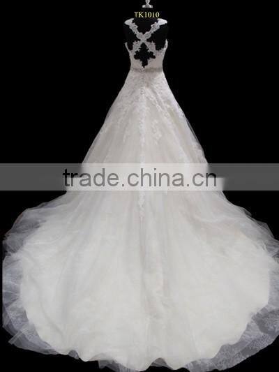 Two straps cross back L.gold/IV colored A-line 2016 wedding dress with long train