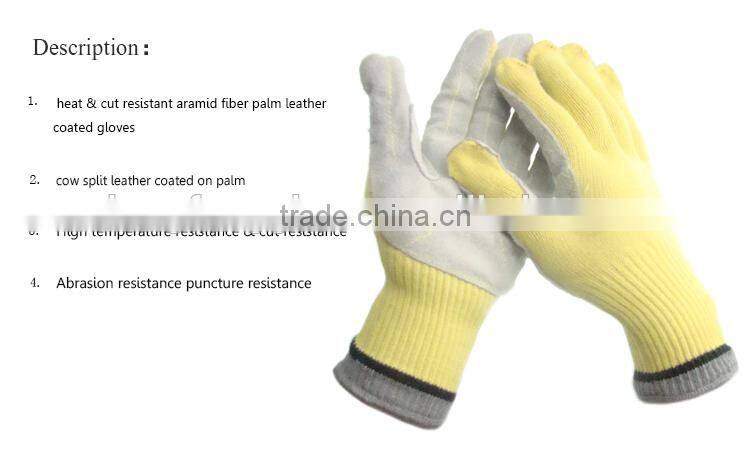 China High Quality Cow Leather Aramid Fiber Heat Resistant Work Gloves With Cut Resistance