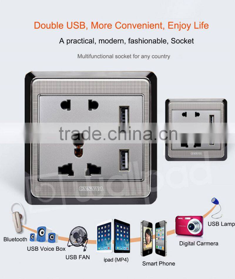 China Suppliers Wallpad Metal110~250V Electrical Universal Socket with Usb Charger Ports USB Power Wall Light Socket eu uk
